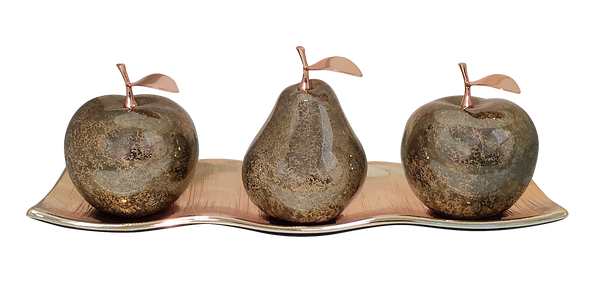 Two Champagne Ceramic Apples and 1 Pear #2 with Rose-Gold Stems and Leaves, on Rose-Gold Etched Medium Andra Tray