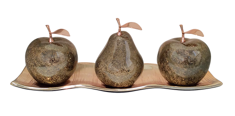 Two Champagne Ceramic Apples and 1 Pear #2 with Rose-Gold Stems and Leaves, on Rose-Gold Etched Medium Andra Tray