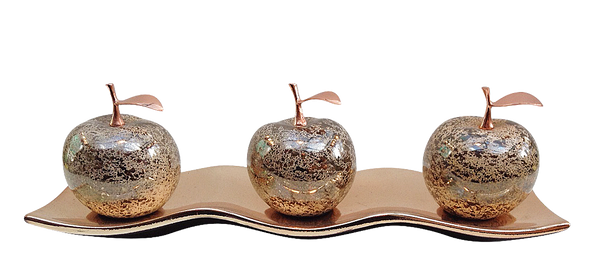 Three Champagne Ceramic Apples # 1 with Rose-Gold Stems and leaves on Rose-Gold-Etched Small Andra Tray