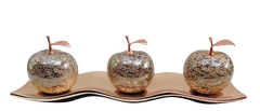 Three Champagne  Ceramic Apples # 1 on Rose-Gold-Etched Small Andra Tray