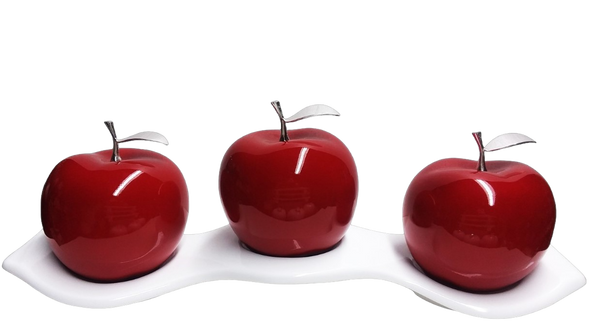 Three Red Ceramic Apples # 3 on White Luanda Tray
