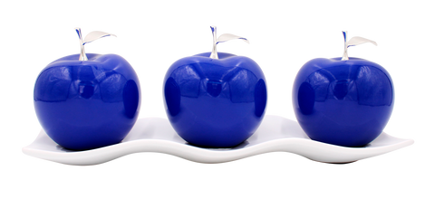 Three Blue Ceramic Apples# 2 with Silver Stems and Leaves, on White Medium Andra Tray