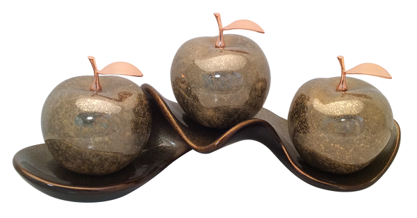 Three Champagne Ceramic Apples with Rose-Gold Stems and Leaves on Champagne Mirage Tray