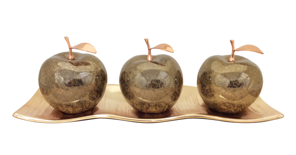 Three Champagne Ceramic Apples # 2 with Rose-Gold Stems and leaves on Rose-Gold-Etched Small Andra Tray