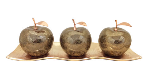 Three Champagne Ceramic Apples # 2 with Rose-Gold Stems and leaves on Rose-Gold-Etched Small Andra Tray
