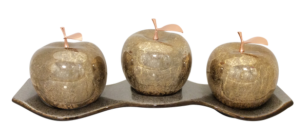 Three Champagne Ceramic Apples # 3 with Rose-Gold Stems and leaves on Champagne Luanda  Tray