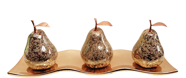 Three Champagne Ceramic Pears # 1, with Rose-Gold Stems and Leaves on Rose-Gold- Etched Small Andra Tray