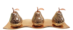 Three Champagne Ceramic Pears # 1, with Rose-Gold Stems and Leaves on Rose-Gold- Etched Small Andra Tray