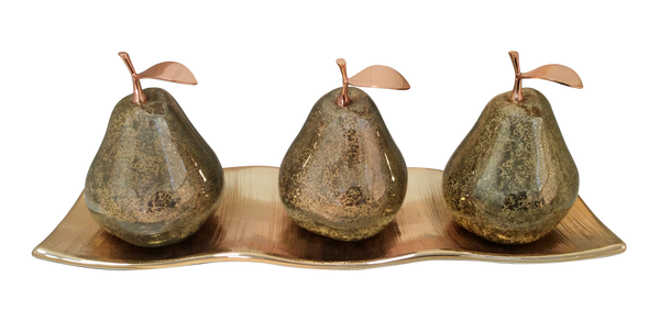 Three Champagne Ceramic Pears # 2, with Rose-Gold Stems and Leaves om Rose-Gold-Etched Medium Andra Tray
