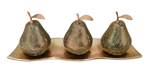 Three Champagne Ceramic Pears # 2, with Rose-Gold Stems and Leaves om Rose-Gold-Etched Medium Andra Tray