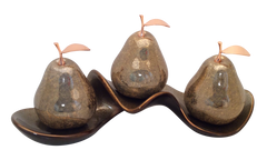 Three Champagne Ceramic Pears # 2, with Rose-Gold Stems and Leaves on Champagne Mirage Tray