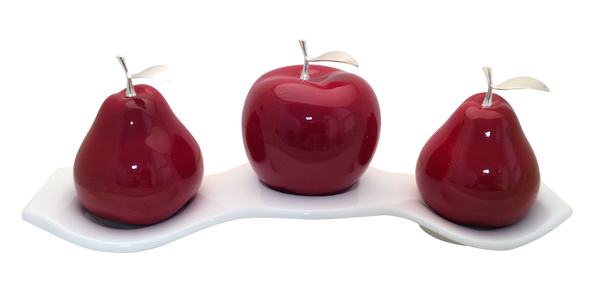 Three Red Ceramic Pears  # 3 on White Luanda  Tray