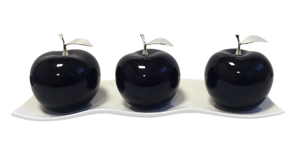 Three Black Ceramic Apples # 2 on White  Medium Andra Tray