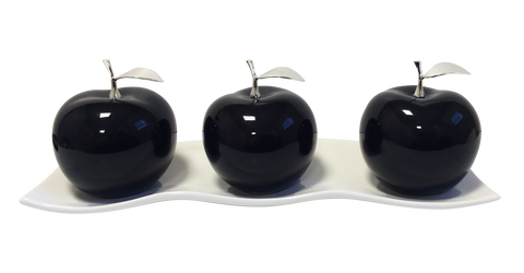 Three Black Ceramic Apples # 2 on White  Medium Andra Tray