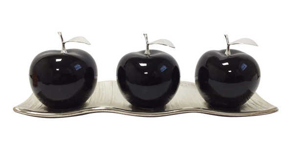 Three Black Ceramic Apples # 2 on White  Medium Andra Tray