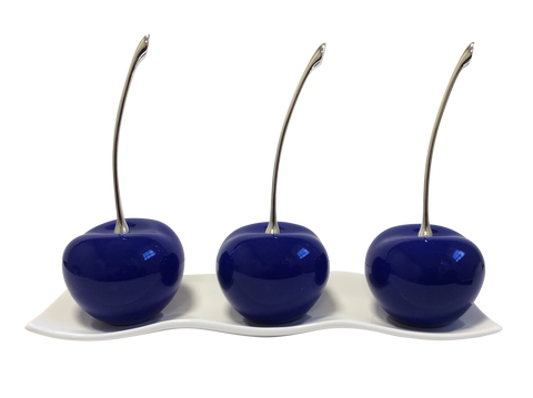 Three  Blue  Ceramic  Cherries   #1  on  White  Medium Andra  Tray - 3BC1WMAT