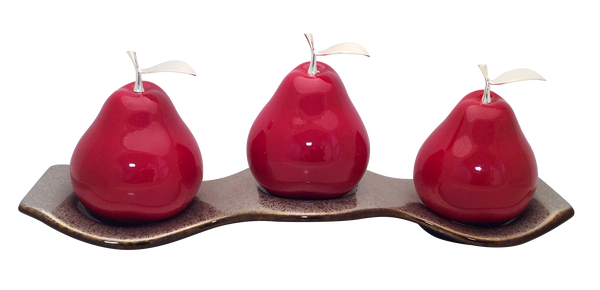Three Red Ceramic Pears  # 3 on White Luanda  Tray