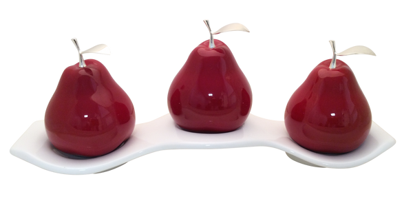 Three Red Ceramic Pears  # 3 on White Luanda  Tray