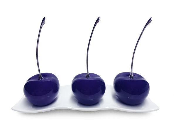 Three Violet Ceramic Cherries # 1  on White  Medium Andra Tray