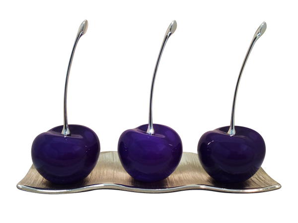 Three Violet Ceramic Cherries # 1  on White  Medium Andra Tray