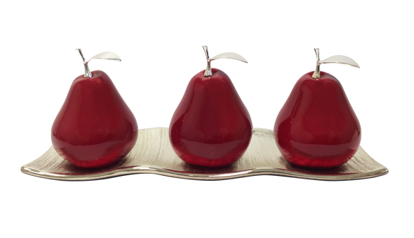 Three Red Ceramic Pears #2 on White Medium Ceramic Andra Tray