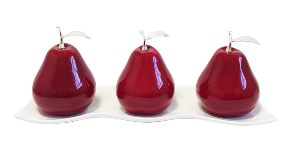 Three Red Ceramic Pears #2 on White Medium Ceramic Andra Tray