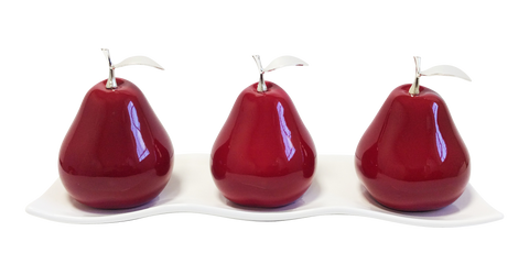 Three Red Ceramic Pears #2 on White Medium Ceramic Andra Tray