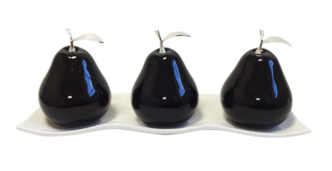Three Black Ceramic Pears # 2 on White Medium Andra Tray