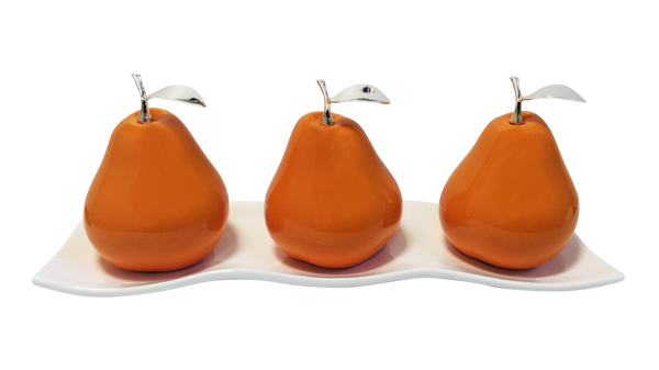 Three Tangerine Ceramic Pears # 2 on White  Medium Andra Tray