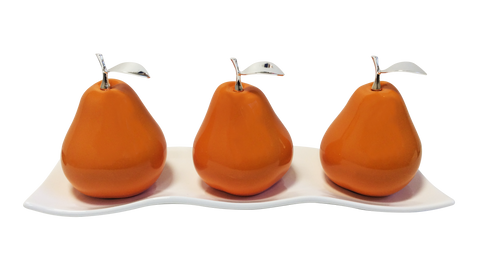 Three Tangerine Ceramic Pears # 2 on White  Medium Andra Tray
