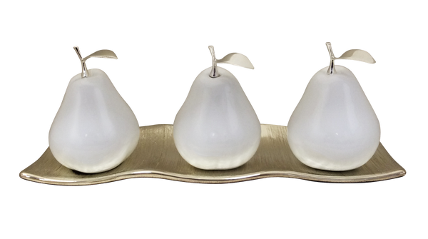 Three White Ceramic Pears # 2 on White Medium Ceramic Andra Tray