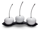 Three White Ceramic  Cherries # 3 on White  Luanda Tray