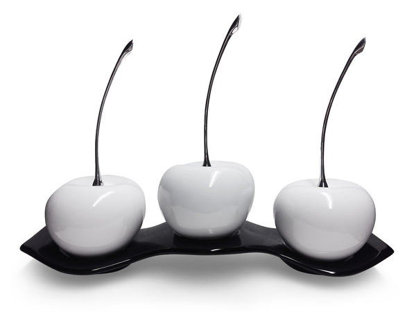 Three White Ceramic  Cherries # 3 on White  Luanda Tray
