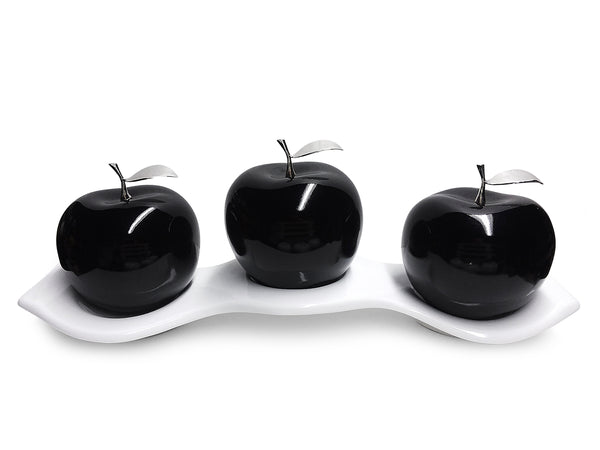 Three Black  Ceramic Apples # 3 on  White Luanda  Tray
