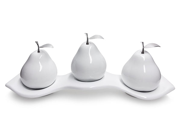 Three White Ceramic Pears  # 3 on Luanda  Tray