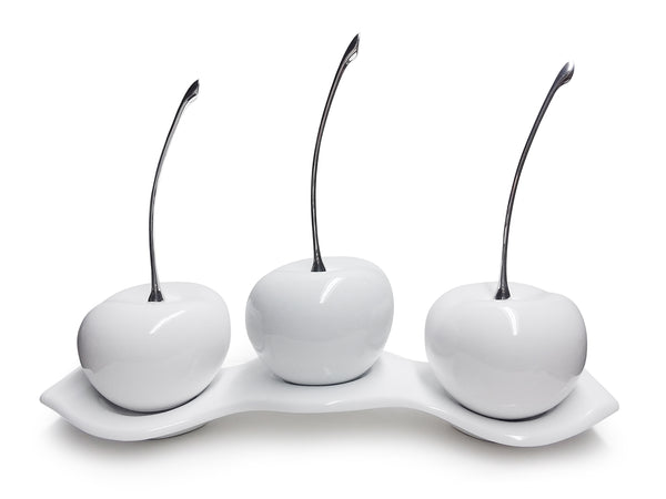Three White Ceramic  Cherries # 3 on White  Luanda Tray