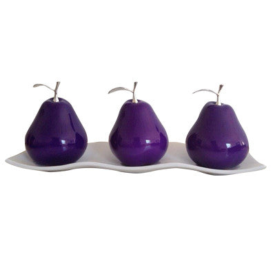 Three Violet Ceramic Pears # 2 on White  Medium  Andra Tray